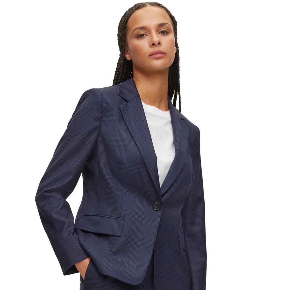 Hugo Boss Womens Navy Blue Plaid Virgin Wool Blazer Trabaldo Togna Size 10
